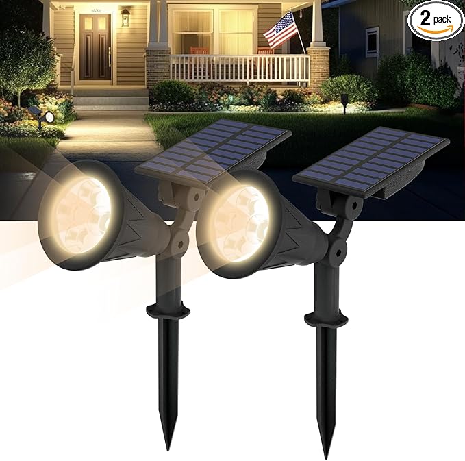 T-SUN Solar Spotlights Outdoor, IP65 Waterproof Dusk to Dawn Solar Lights, Adjustable Solar Lights for Tree, Patio, Yard, Garden, Driveway, Pool Area (Natural White-2Pack)