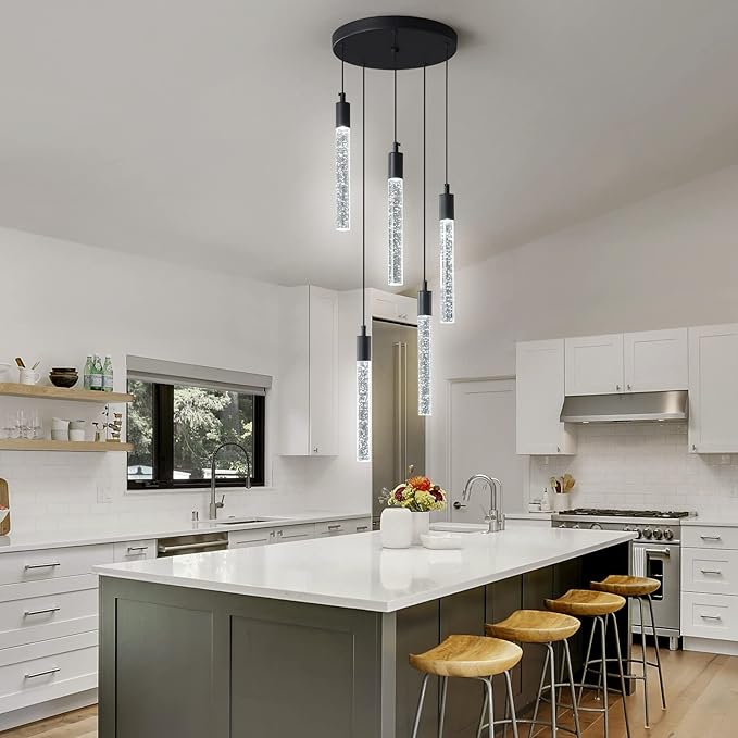 Modern Light Fixture Kitchen Island Pendant Light Dimmable LED Black Pendant Lights Mini Crystal Pendant Lighting for Bedroom Dining Room Living Room（5-Light ）