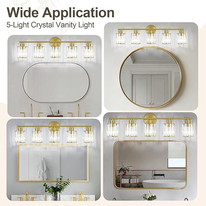 Crystal Bathroom Light Fixtures,Bathroom Lighting Fixtures Over Mirror, Modern 5-Light Gold Vanity Lights for Mirror, Restroom,Kitchen(Ceramic E26 Socket,Bulbs Not Include)