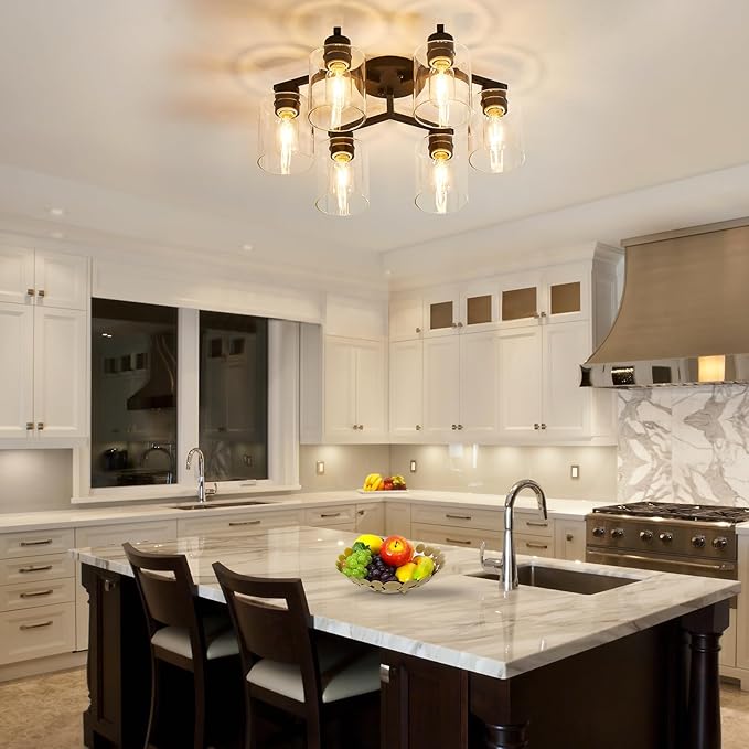 6 Light Semi Flush Mount Ceiling Light Black Kitchen Lighting Fixtures Ceiling Industrial Large Cieling Light Fixtures, with Clear Glass Shade for Dining Room Living Room Kitchen Island Farmhouse