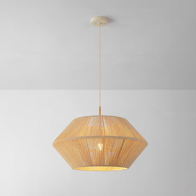 GLOBE Electric 67000154 1-Light Pendant Light, Wood Toned, Beige Paper Twine Shade, Adjustable Height, Ceiling Lights, Home Essentials, Kitchen, Bedroom, Indoor Lighting, Décor