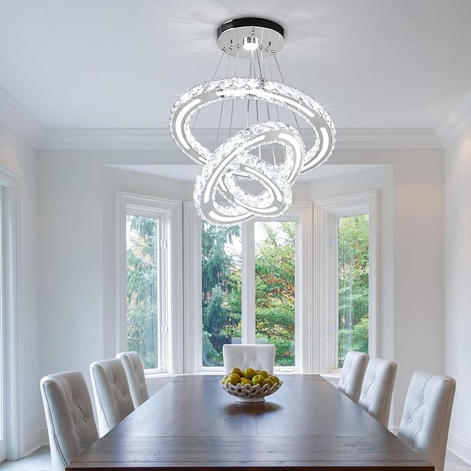 CXGLEAMING Chandeliers Modern Ceiling LED Fixture 3 Rings Adjustable Crystal Light Fixture Ceiling Hanging Pendant Light for Living Room Dining Bedrooms Hall 180mm Base 153 Crystals（White Light）