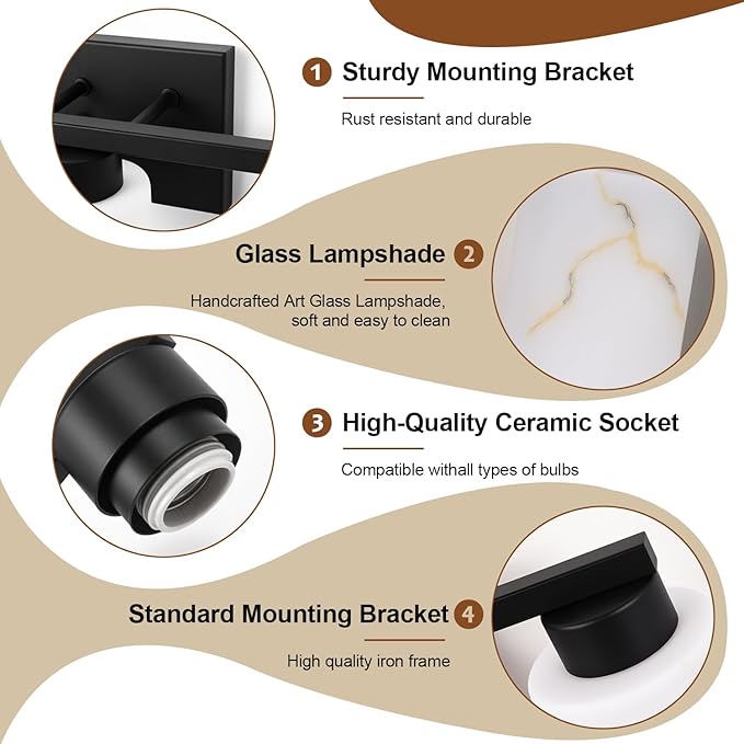 3-Light Bathroom Light Fixtures, Modern Vanity Lights, Black Metal Wall Lamp with Handcrafted Art Glass for Bathroom, Mirror, Living Room, Bedroom, Cabinet, Porch, Hallway, E26 Base