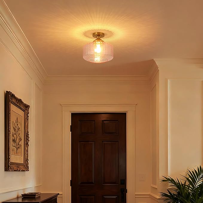 11.8in Semi Flush Mount Ceiling Light Fixture, Vintage Striated Glass Kitchen Lighting Fixtures Ceiling Mount for Entryway Hallway Bedroom Dining Room Bathroom Foyer Laundry (Pink)