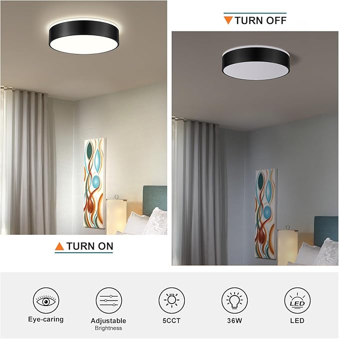 Dimmable Black LED Ceiling Light Fixture, 5CCT 2700 K-6000 K Modern Flush Mount Ceiling Light, Round Minimalist Lighting Fixture for Bedroom, Kitchen, Laundry Room, Living Room, 15.74 Inch
