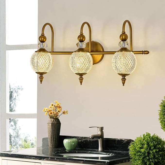 Vintage Vanity Light 3 Lights Gold Bathroom Light Fixtures Over Mirror with Acrylic Globe Shade