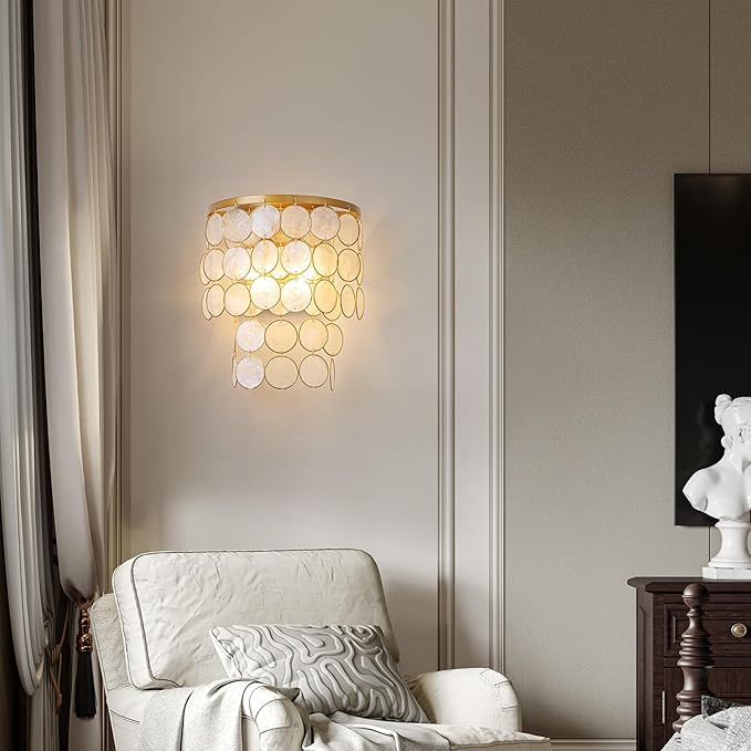 2-Light Capiz Shell Wall Sconces, Coastal Design Indoor Wall Lamp, Vanity Wall Mount Light Fixture for Bathroom, Hallway, Bedroom, True Shell Pendants & Copper Finish Frame
