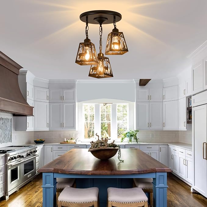 Farmhouse Rustic Ceiling Light Fixture,Black Metal Cage Pendant Lights Kitchen Island with Deer,Industrial Hanging Pendant Lighting for Dining Room Bedroom Entryway Hallway Foyer