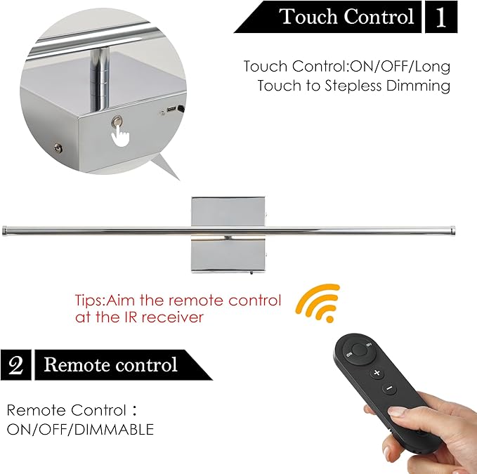 KARTOOSH Battery Operated Wall Sconces with Remote Control, Dimmable Wall Sconces Set of Two, 350°Rotate, 3000K LED Chrome Wireless Wall Light for Living Room, Hallway, Bedroom, 24.4 Inch (2 Pack)