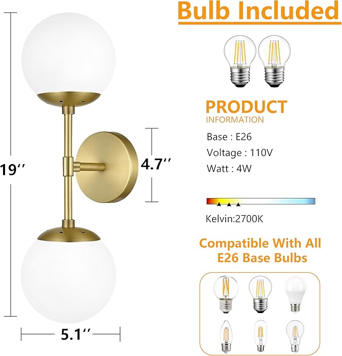 KoKo&Yukina Mid Century Modern Bathroom Lights Gold Vanity Light Fixtures Globe Sconce 2-Light Bathroom Gold Vanity Light Mid Century Glass Globe Wall Lights