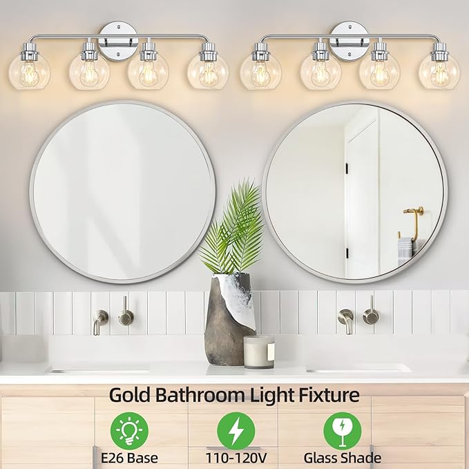 Bathroom Light Fixtures Chrome Vanity Light 27 Inch Silver 4 Light Modern Wall Sconces Lighting Bathroom Lights with Globe Glass Shades Bath Wall Lights for Mirror Kitchen Living Room Hallway