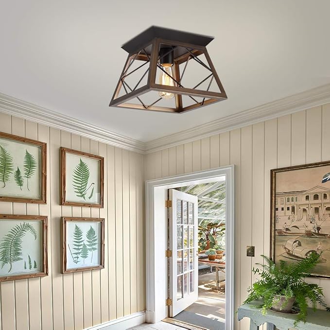 Q&S Flush Mount Ceiling Light Fixture,Farmhouse Vintage Lights,Industrial Metal Lamp for Hallway, Entryway, Bathroom ORB+Brush Brown,1 Light E26