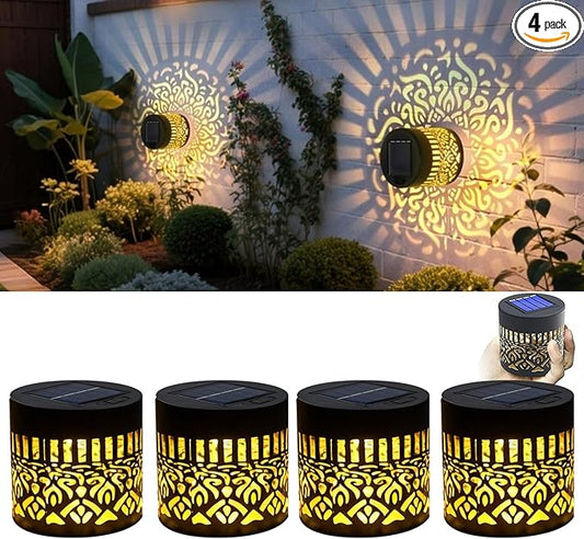 4 Pack Solar Wall Mandala Lights Outdoor, Decorative Solar Fence Mandala Lights Waterproof Metal Solar Powered Deck Step Lights for Garden Patio Post Backyard Yard (Mandala-4 Pack, Warm)