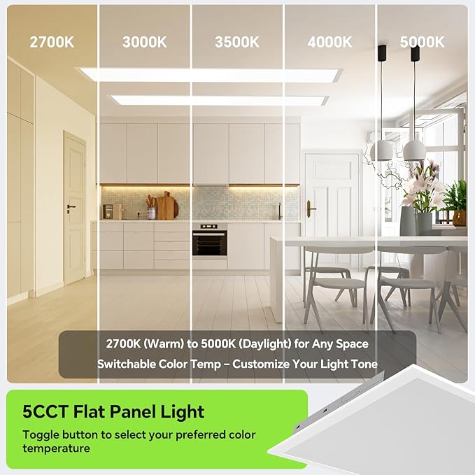 6 Pack 2x4 LED Flat Panel Light 50/40/35/30/25W 6500lm Adjustable, 0-10V Dimmable LED Flush Mount Ceiling Light Fixtures, 2.7K/3K/3.5K/4K/5K Selectable for Office Kitchen Garage - ETL Listed