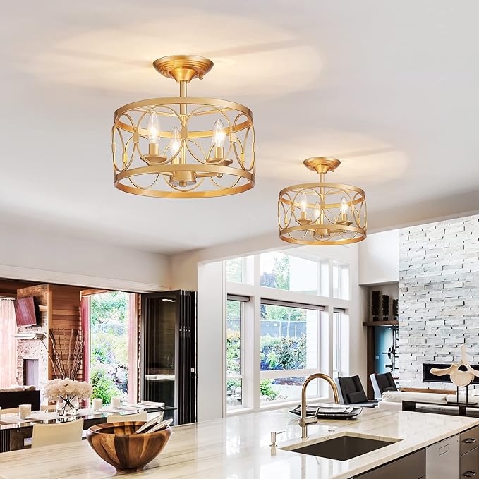 LOOYD 3-Light Semi Flush Mount Ceiling Light Fixture, Farmhouse Ceiling Light for Kitchen Bedroom, Living Room, Kitchen, Hallway (Gold)