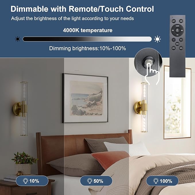 Battery Operated Wall Sconces Set of Two Glass Gold Rechargeable Wall Sconces with Remote Control LED Dimmable Wall Lights for Living Room Hallway (2 Pack)