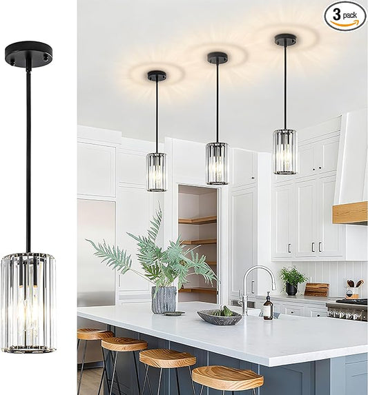 3 Pack Black Modern Crystal Pendant Lights, Hanging Light Fixtures Mini Kitchen Island Pendant Lights Adjustable Crystal Chandelier Fixture for Island Dining Room Hallway Bedroom
