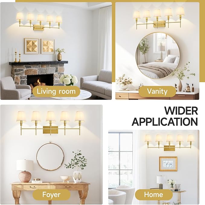 5-light Bathroom Vanity Light,41 IN Vintage Brass Bathroom Light Fixtures Over Mirror,Wall Lamps For Bedroom With Flared White Fabric Lampshade For Living Room,Foyer,Hallway,Hardwired,E12 Base