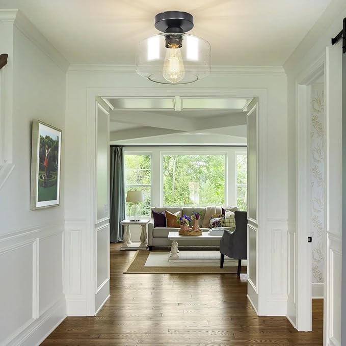 Industrial Semi Flush Mount Ceiling Light: Black Seeded Glass Kitchen Lighting Fixtures Ceiling - Vintage Hallway Light Fixtures E26 Bulb Included - 8.46” Light Fixtures Mount for Foyer