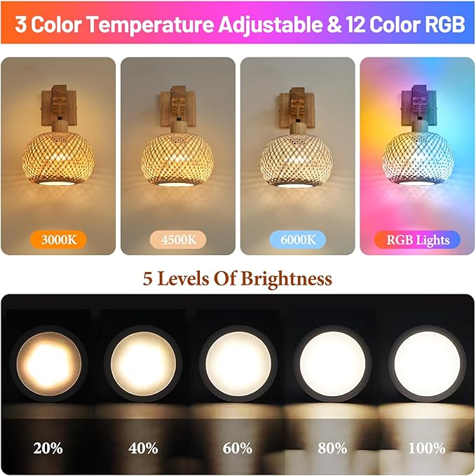Boho Battery Operated Wall Sconce Set of Two, Rechargeable Wall Sconces with Remote,Wireless Sconces Set of 2 for Bedroom,Living Room,Entryway RGB 15 Colors Dimmable-Bright Wood