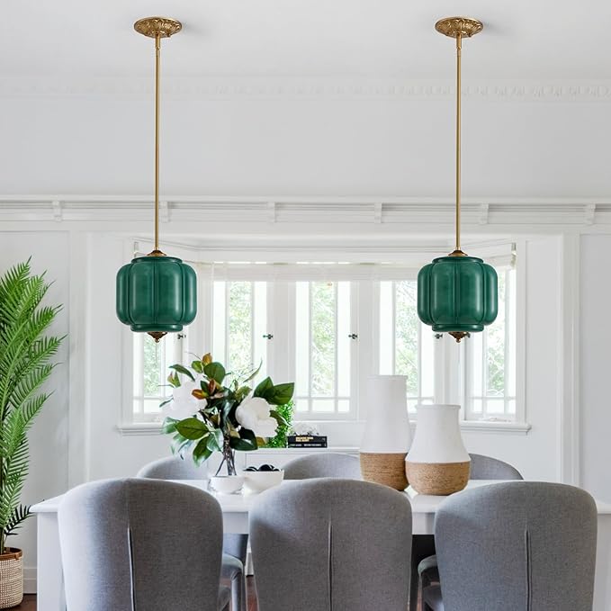 9.8" Milk Glass Pendant Light Fixture Modern Chandelier Vintage Semi Flush Mount Ceiling Light Height Adjustable Green Hanging 1-Light for Kitchen, Hallway, Bedroom, Dining Room