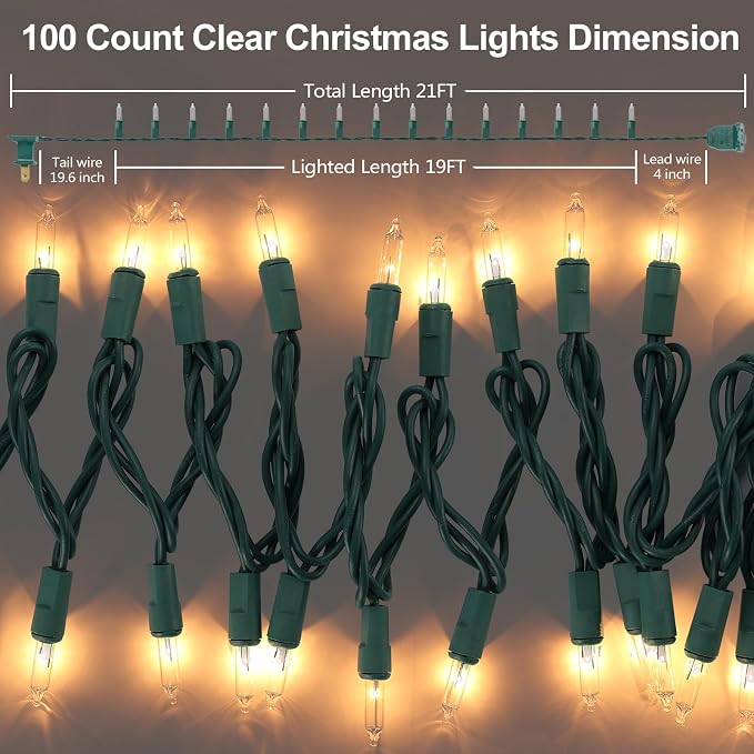 TIGOMOOV 100 Count Mini Warm White Christmas String Lights - 120V Plug-in End to End Connectable Incandescent Xmas Lights, 21FT Green Wire UL Certified Christmas Tree Lights for Indoor Outdoor Decor