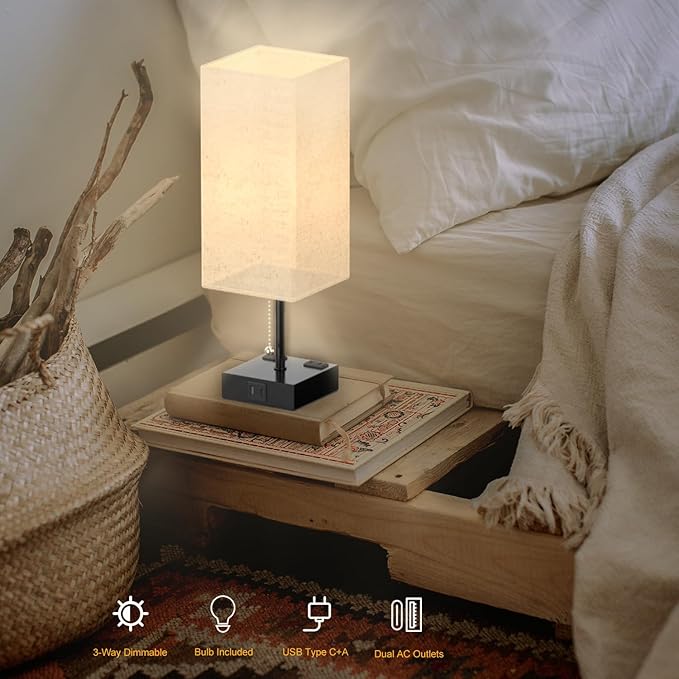 YIDPU Table Lamp for Bedroom with USB,Bedside Lamp with USB C+A Charging Ports,Adjustable 3color LED Light for Home Decor/Nightstand/Office,Included Bulb and Fabric Lamp Shade (Linen White, 1PCS)