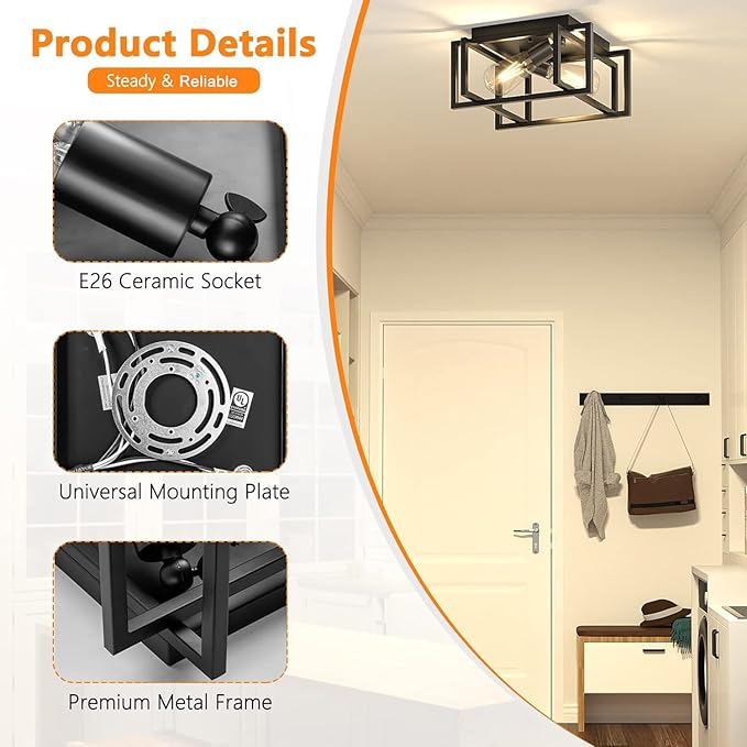 2-Pack Modern Black Metal Rectangle Close to Ceiling Light Fixtures, 2x E26 Bulb Compatible, Dimmable, 11.3" L x 31.1" W x 6.2" H, Ideal for Living Room, Bedroom, Kitchen
