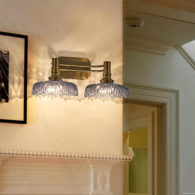 Vintage Bathroom Vanity Light Fixtures 2-Light Bathroom Lighting with Grey Glass Wall Sconces for Hallway Living Room Bedroom Entryway