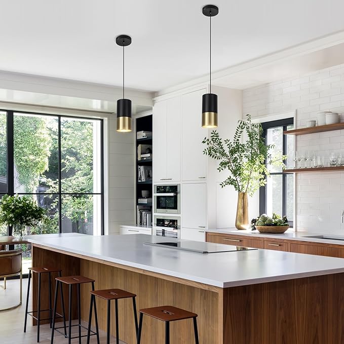 Black and Gold Pendant Light 2 Pack - Modern Pendant Lights Kitchen Island with GU10 Bulbs, Minimalist Hanging Light for Dining Room Bedroom Bar, 5W 4000K