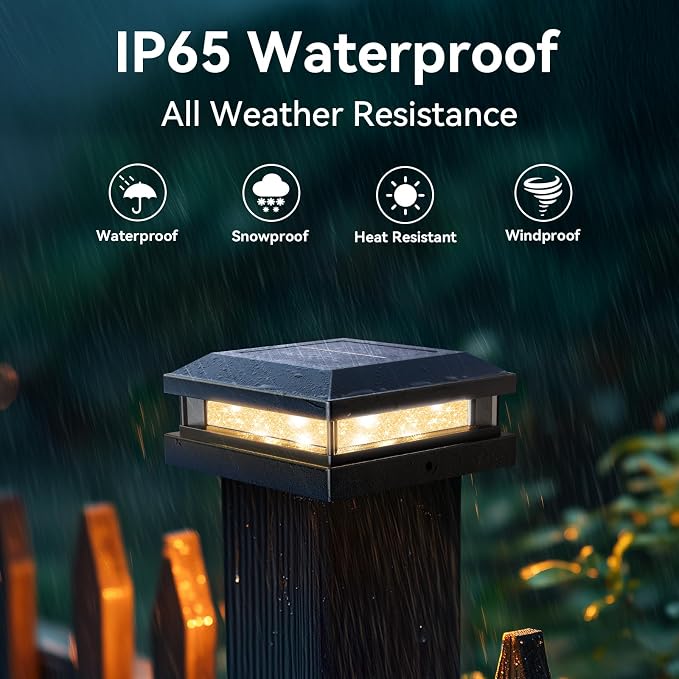 Brightever 4x4 Solar Light Outdoor 4 Packs, Waterproof Solar Powered Post Cap Light for 5x5 Vinyl/Wooden Post with Warm/Cool Lighting, Black 16LEDs Deck Cap Lights for Outside, Garden, Patio, Porch