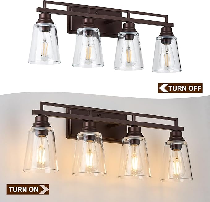 Refice 4-Light Bathroom Vanity Lights, Bathroom Light Fixtures with Clear Glass Shades, Vintage Oil Rubbed Bronze Wall Sconces Over Mirror for Living Room, Farmhouse, Hallway