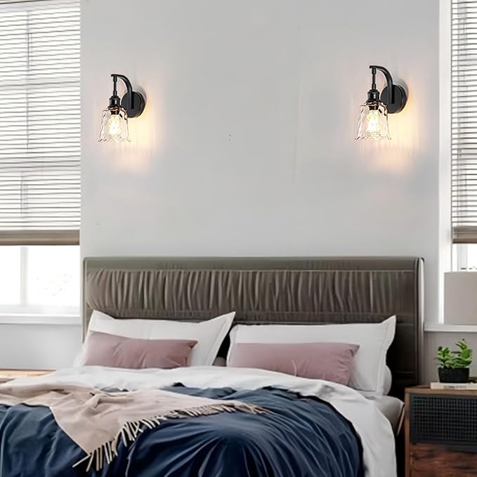Blck Wall Sconce, Modern Matte Black Sconces Wall Lighting, Vintage Glass Light Fixtures for Bathroom Vanity Mirror Living Room Bedroom Kitchen Hallway Stairway E26 Hardwire