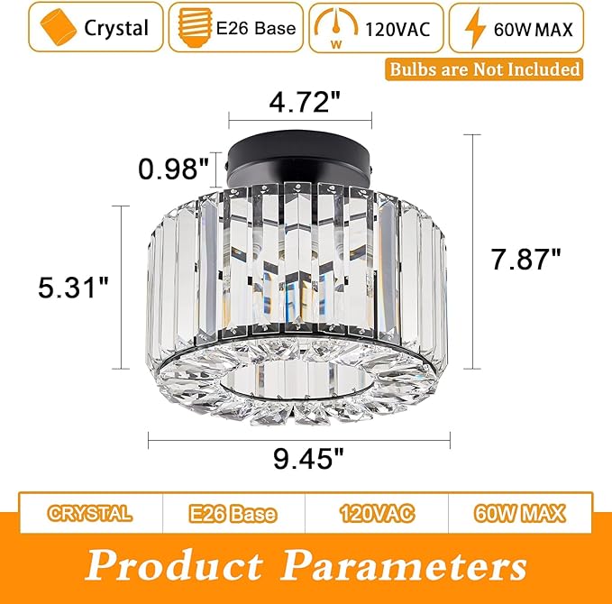 BUXVRCS Crystal Ceiling Light Fixture - Semi Flush Mount Ceiling Light Modern Chandelier Hallway Light Fixtures Ceiling Flush Mount Light Fixtures for Kitchen Bedroom Bathroom Entryway (Black)