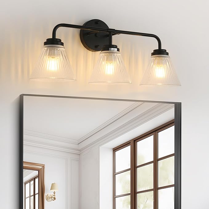 Modern Black Bathroom Vanity Light, 3-Light Wall Sconce with Clear Ribbed Glass Shades, Farmhouse Industrial Light Fixture for Bathroom, Vanity Mirror, Powder Room, Hallway (black, Powder Coated, 3)