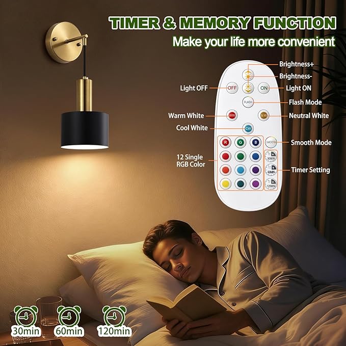 Battery Operated Wall Sconces Set of Two, Black & Gold Wireless Rechargeable Wall Lights with Remote, 15 Colors Dimmable LED Wall Lamps, Modern Cordless Sconce for Bedroom Living Room Hallway