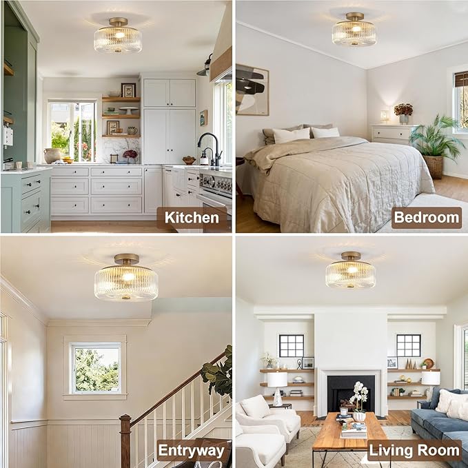 11.8 Inch Gold Semi Flush Mount Ceiling Light, 3-Light Hallway Light Fixture with Seeded Glass Shade, Mid-Century Modern Ceiling Light for Kitchen, Entryway, Foyer, Passage