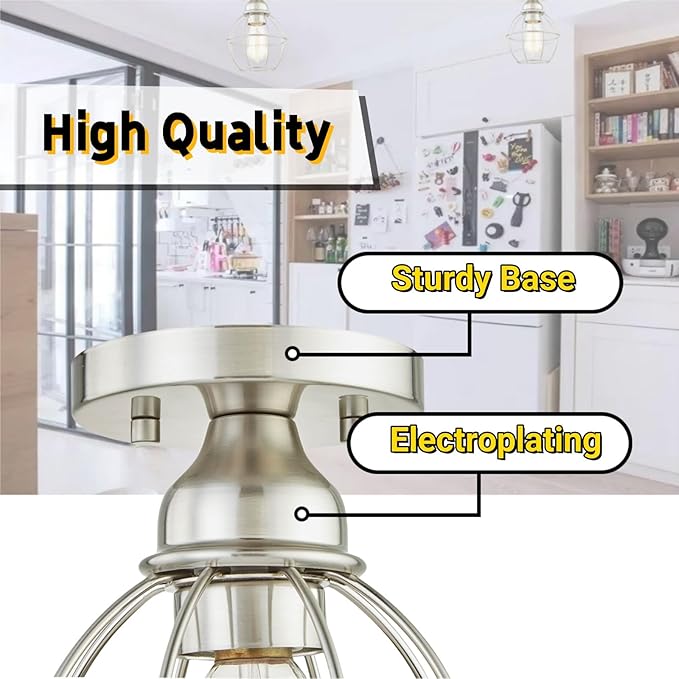 WISBEAM Brushed Nickel Semi Flush Mount Ceiling Light Fixture, Small Cage Ceiling Light E26 Medium Base MAX 60W, Metal Housing, ETL Rated, Bulbs NOT Included, 1-Pack