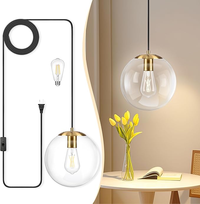 KoKo&Yukina 10" Globe Pendant Light Gold Plug in Pendant Light Adjustable Hanging Lights with Plug in Cord Brushed Gold Finished with Clear Glass Lampshade for Bedroom Kitchen Island（Bulb Included）