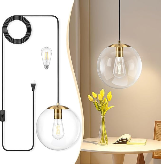 KoKo&Yukina 10" Globe Pendant Light Gold Plug in Pendant Light Adjustable Hanging Lights with Plug in Cord Brushed Gold Finished with Clear Glass Lampshade for Bedroom Kitchen Island（Bulb Included）
