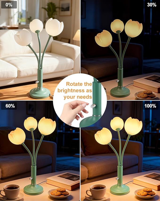 Lightdot 3-Light Tulip Table Lamp Set of 2 with LED Bulbs Included, Dimmable Cute Flower Desk Lamp, Aesthetic Green Floral Nightstand Lamp, Adjustable Gooseneck Bedside Lamp for Bedroom, Living Room