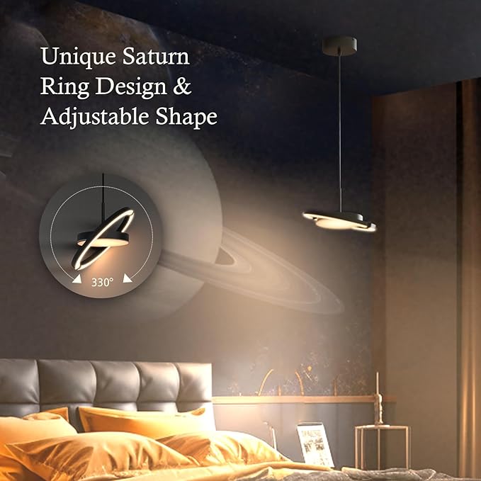 FIMEI LED Saturn Pendant Lights, 3000-6000K Dimmable Adjustable Hanging Chandelier Saturn Ring Design for Dining Room Kitchen Island Entryway Bedroom Foyer Black (Black, 1)