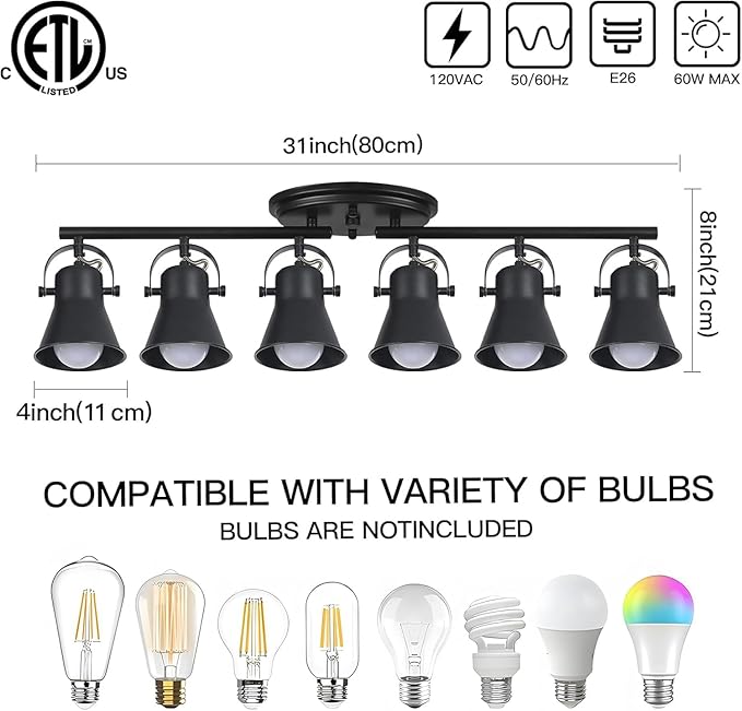 KEESFU 6-Light Track Lighting Kit,Black Semi Flush Mount Ceiling Light with 6 Rotatable Light Heads,Modern Accent Lighting for Livingroom,Bedroom,Hallway,Art Wall,Bathroom,Kitchen.(6-Light)