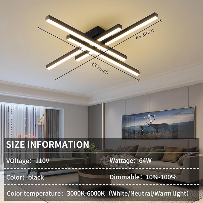 Modern LED Ceiling Lights 43.3" Black Flush Mount Ceiling Light Fixture Sputnik Dimmable Ceiling Lights with Remote Control for Bedroom Living Room Kitchen Room(4 Lights)