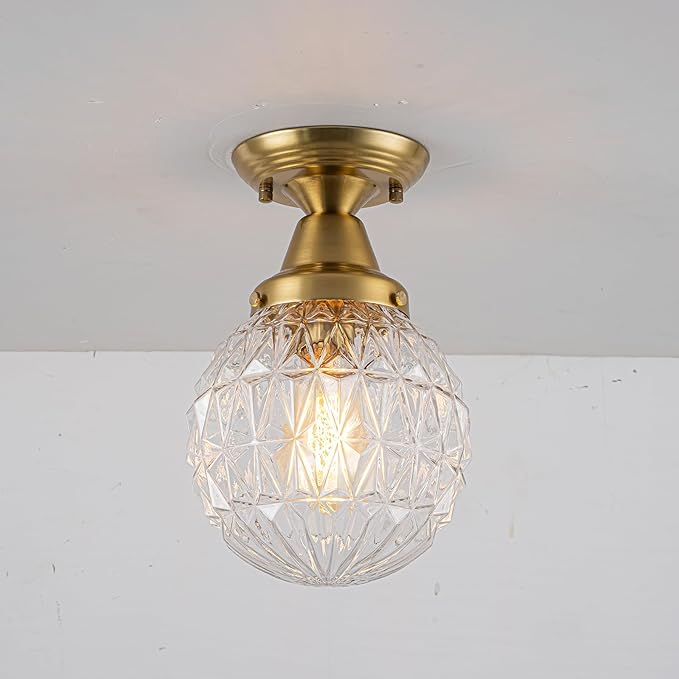 EDISLIVE 7.5" Glass Semi Flush Mount Ceiling Light Vintage Globe Ceiling Lamp with Clear Plaid Glass for Hallyway Foyer Bedroom Dinning Room Gold