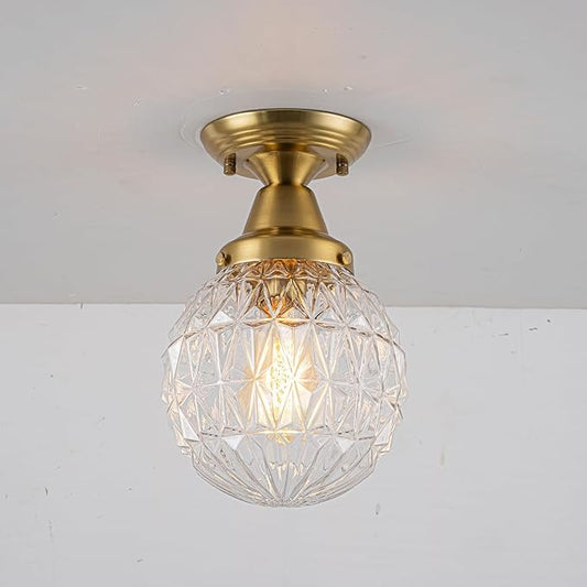 EDISLIVE 7.5" Glass Semi Flush Mount Ceiling Light Vintage Globe Ceiling Lamp with Clear Plaid Glass for Hallyway Foyer Bedroom Dinning Room Gold