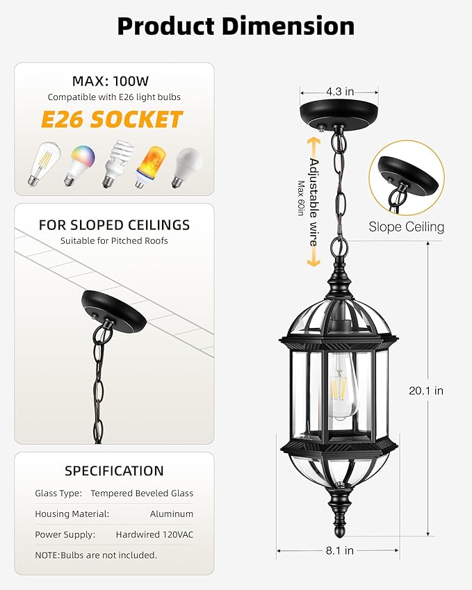 VIANIS 20" Large Dusk to Dawn Outdoor Hanging Lights, Black Outside Pendant Light, Waterproof Exterior Ceiling Lights for Patio, Porch, Entryway, Anti-Rust Adjustable Length Chandelier, Hardwired