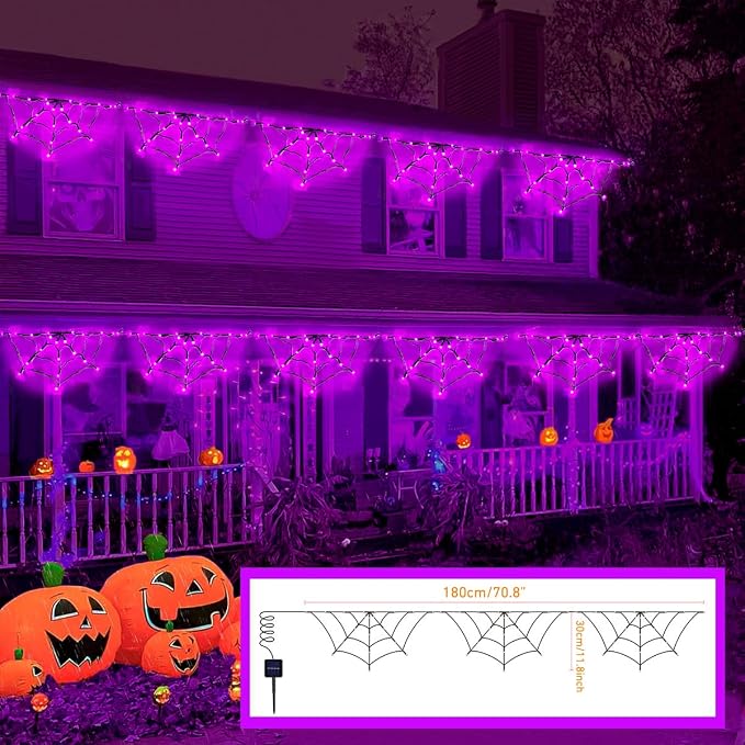 Halloween Spider Web Lights Outdoor, Solar Light up Cobweb String Lights with 60LED Lights, Spiderweb Curtain Fairy String Lights for Halloween Decorations Fireplace Proch Window Garden (Purple)