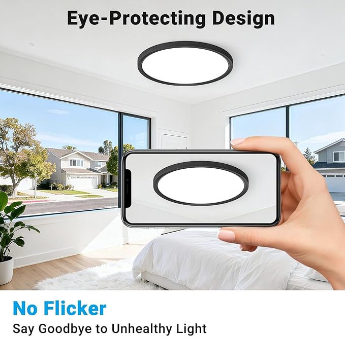6 Pack LED Flush Mount Ceiling Light,12Inch 24W,3000K/3500K/4000K/5000K/6500K 5 Color Temperatures Ceiling Light Fixture for Kitchen Porch Hallway Bedroom Bathroom and Closet,Black