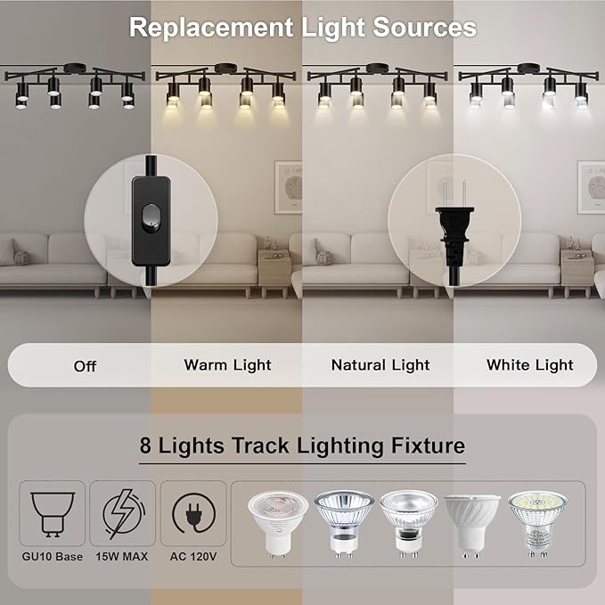 Plug in Track Lighting, LED Track Lighting Fixtures Ceiling, Black 8-Light Kitchen Light Kit, Plug in Wall Light with 14.8ft Power Cord, Rotatable Ceiling Spotlight for Bedroom(GU10 Socket, NO Bulb)